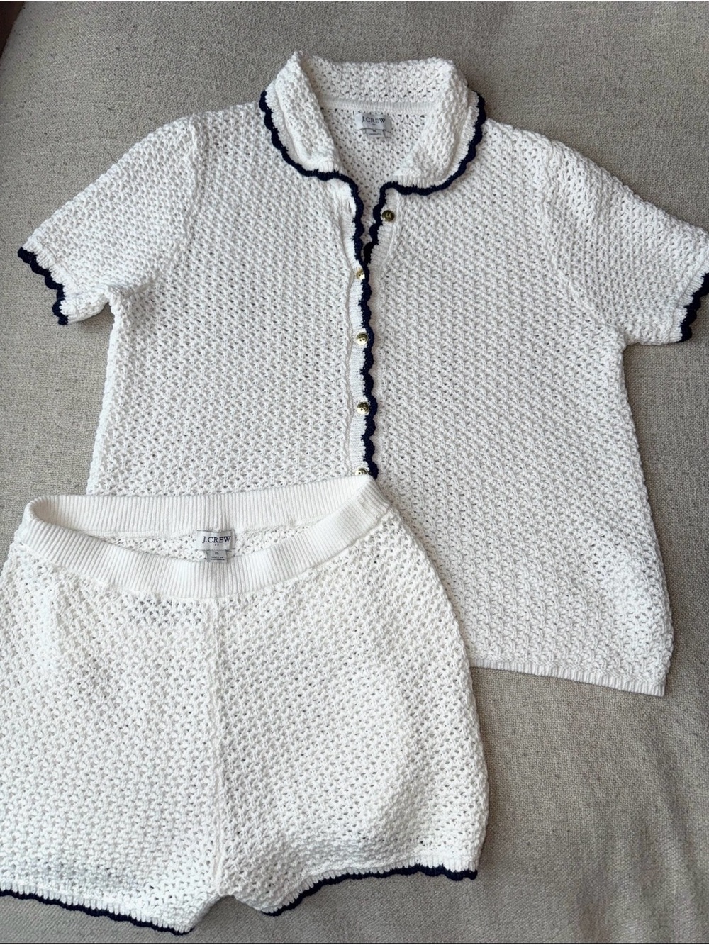 J. Crew White Knit Short Set with Navy Trim and Gold Buttons